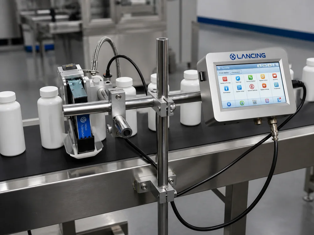 Industrial coding station marking packs on a production conveyor