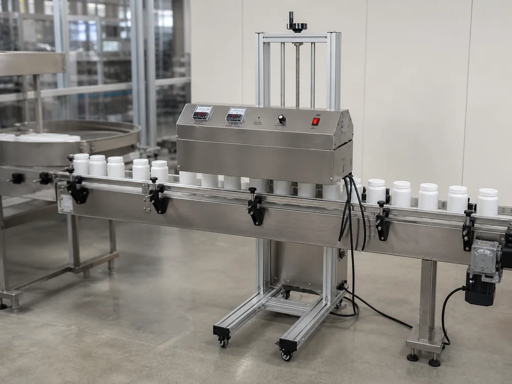 Container sealing machine operating above capped bottles on a packaging conveyor