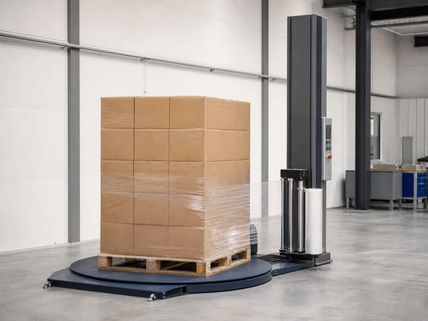Semi-automatic turntable pallet wrapper applying clear stretch film to a pallet of cartons
